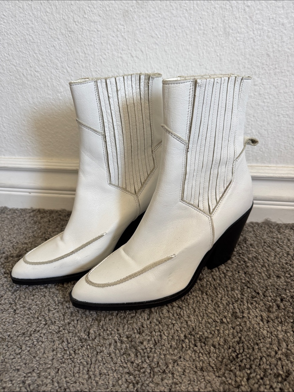 Mango White Western-Style Ankle Booties with Block Heel